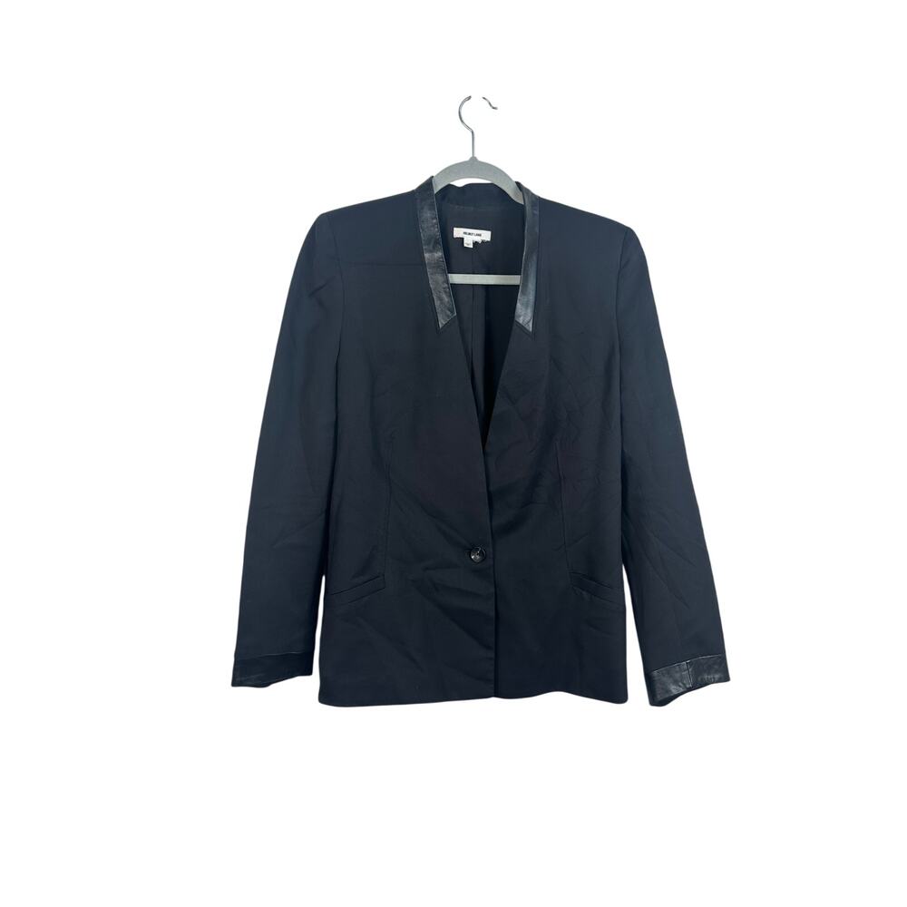 Helmut Lang Blazer Jacket Women Size 6 Black Excellent‎ Leather Trim Silk Blend